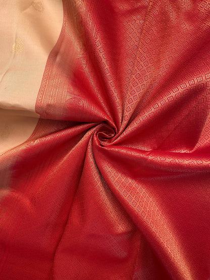 Light Beige-Red Pure Silk Saree