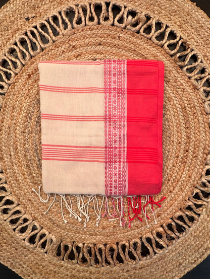 Cream-Red Piku Bengal Cotton Saree