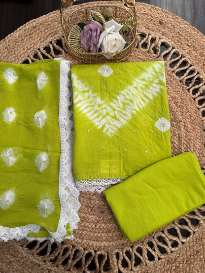 Parrot Green Batik Bandhini Hand Tie-Dye Pure Cotton 3-Piece Unstitched Suit