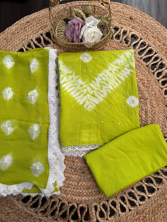 Parrot Green Batik Bandhini Hand Tie-Dye Pure Cotton 3-Piece Unstitched Suit