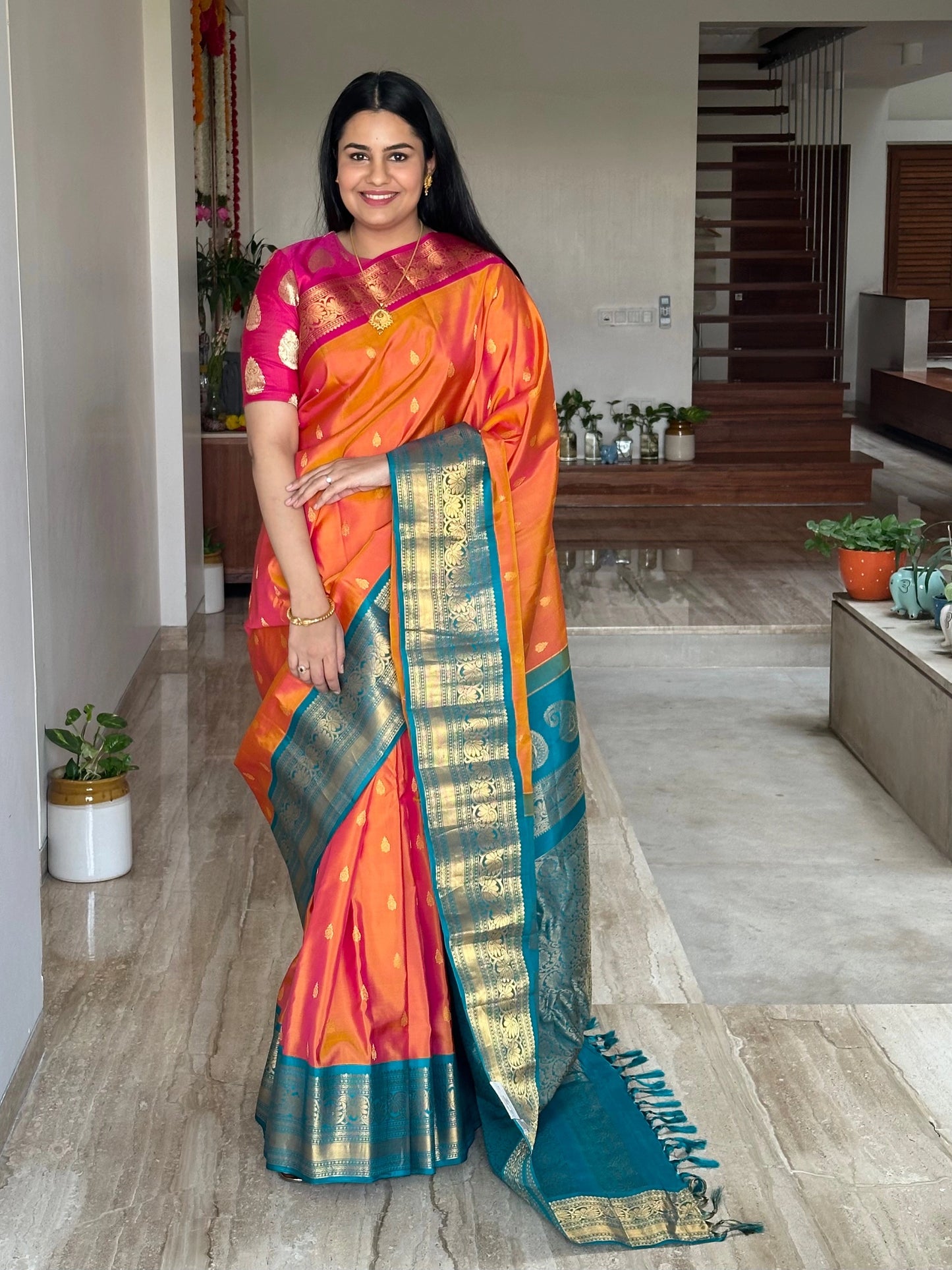 Orange-Rama Green Gadwal Pure Silk Saree