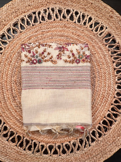 Cream Blended Cotton Saree with Handwork