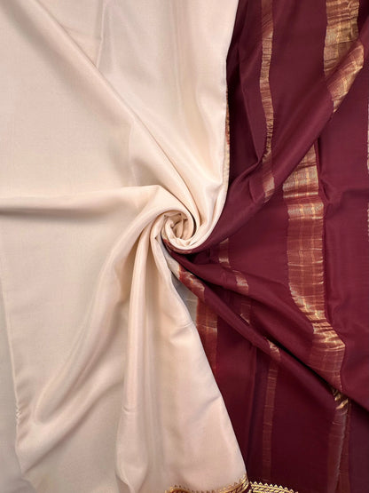 Cream-Maroon Mysore Crepe Saree