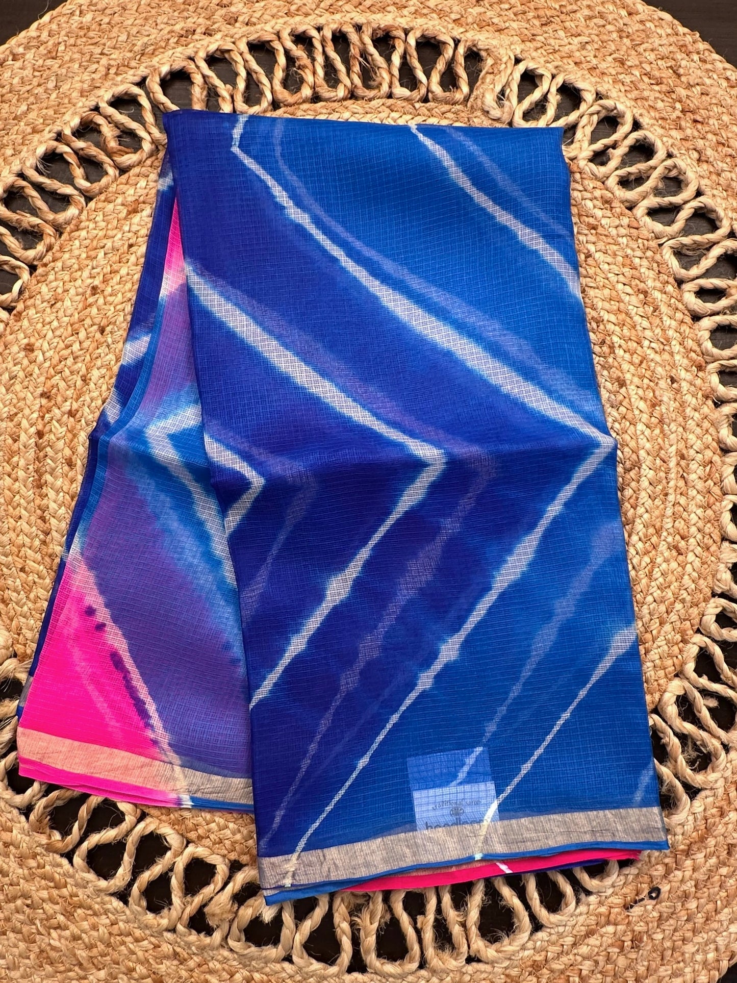 Blue-Pink Leheriya Kota Doria Pure Silk Saree