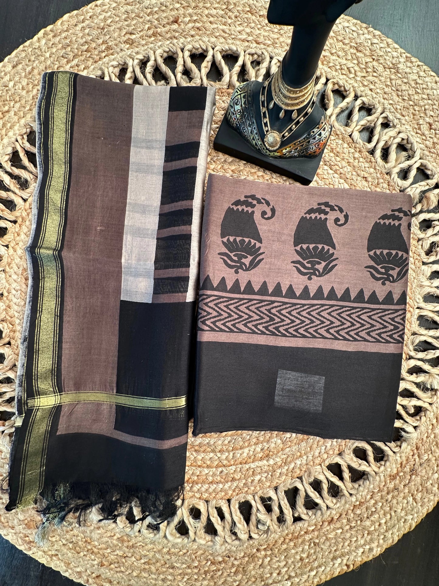 Black-Brownish Grey Printed Chanderi 3-Piece Unstitched Suit