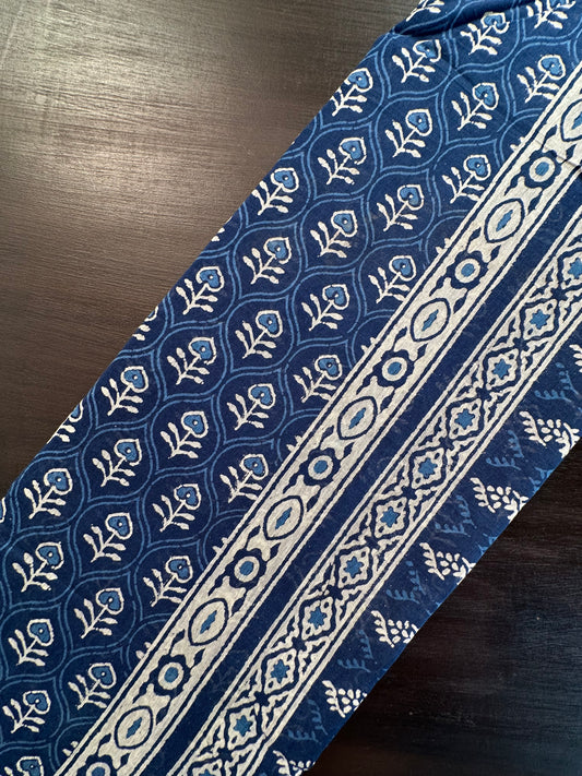Indigo Blue Block Print Cotton Blend Saree