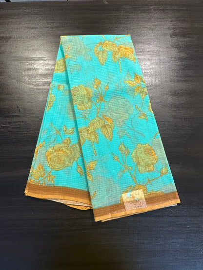 Sea Green Floral Print Kota Doria Cotton Saree