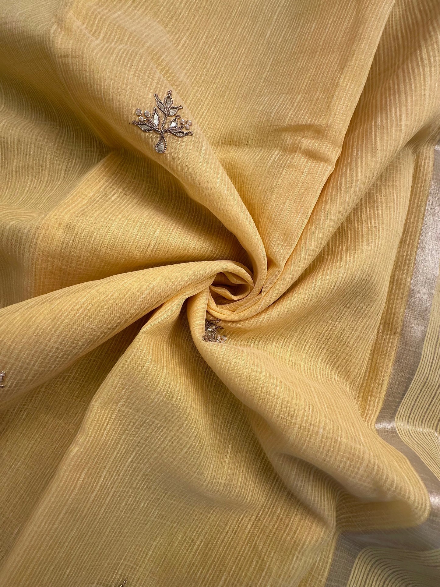 Yellow Fancy Cotton Saree With Hand Work