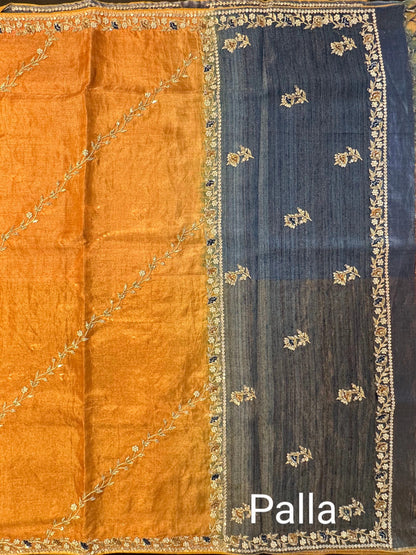 Mustard Tissue Saree With Zari Work Jaal