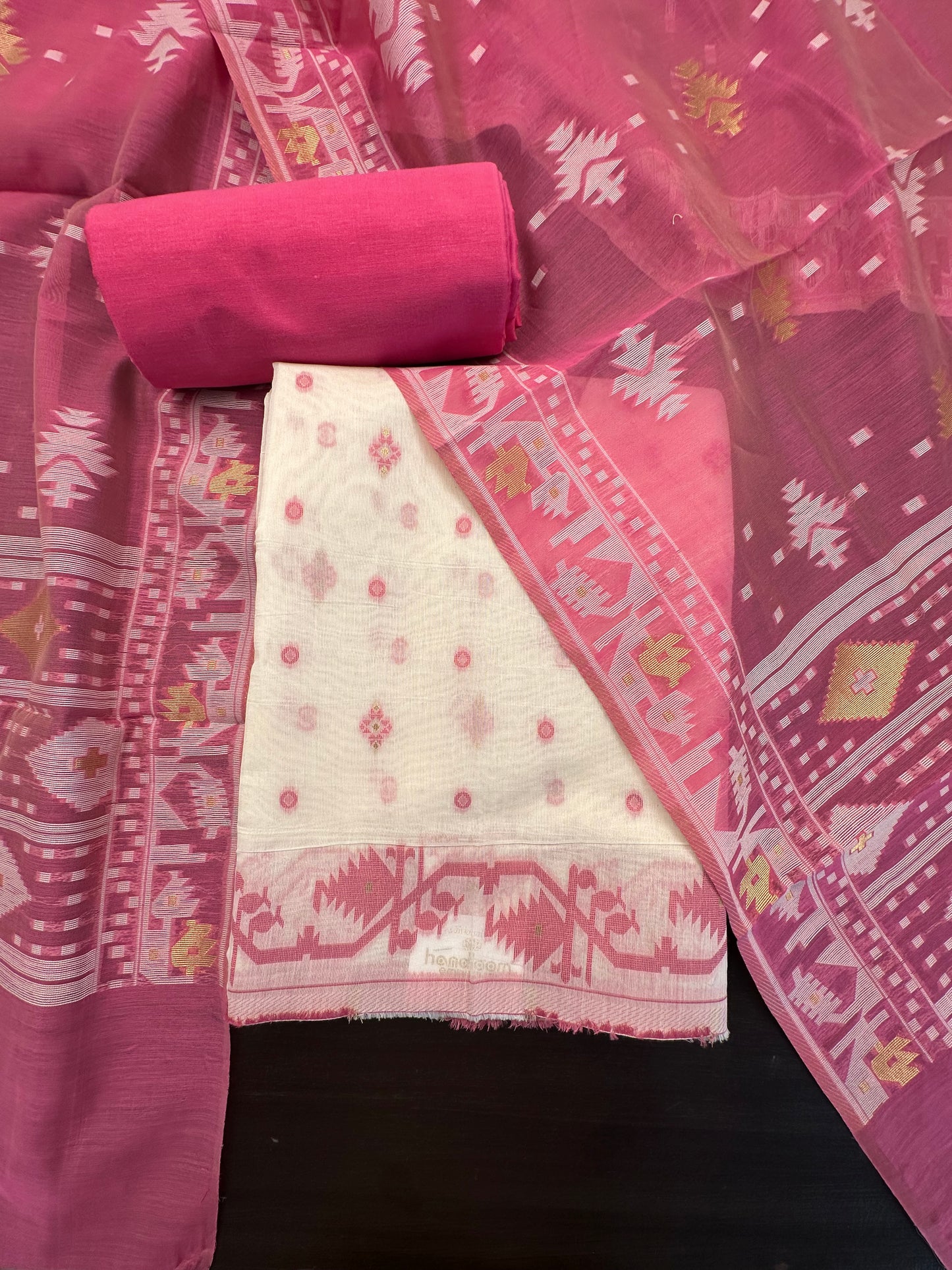 Off White-Pink Jacquard Chanderi Unstitched Suit
