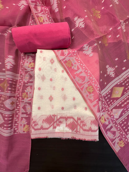 Off White-Pink Jacquard Chanderi Unstitched Suit