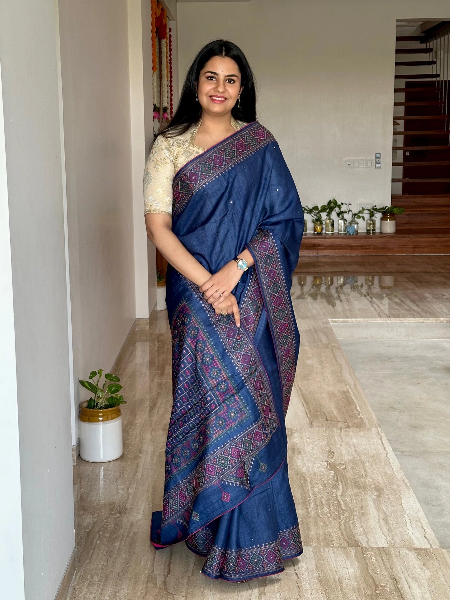 Navy Blue Pure Tussar Silk Saree With Embroidery