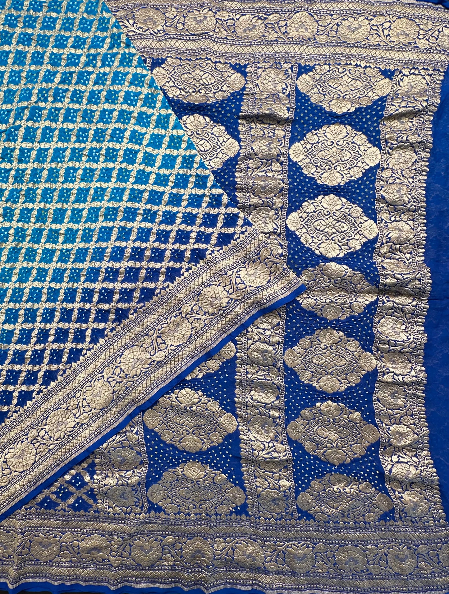 Firozi-Royal Blue Gharchola Bandhej Pure Georgette Saree