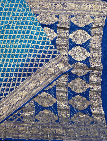 Firozi-Royal Blue Gharchola Bandhej Pure Georgette Saree