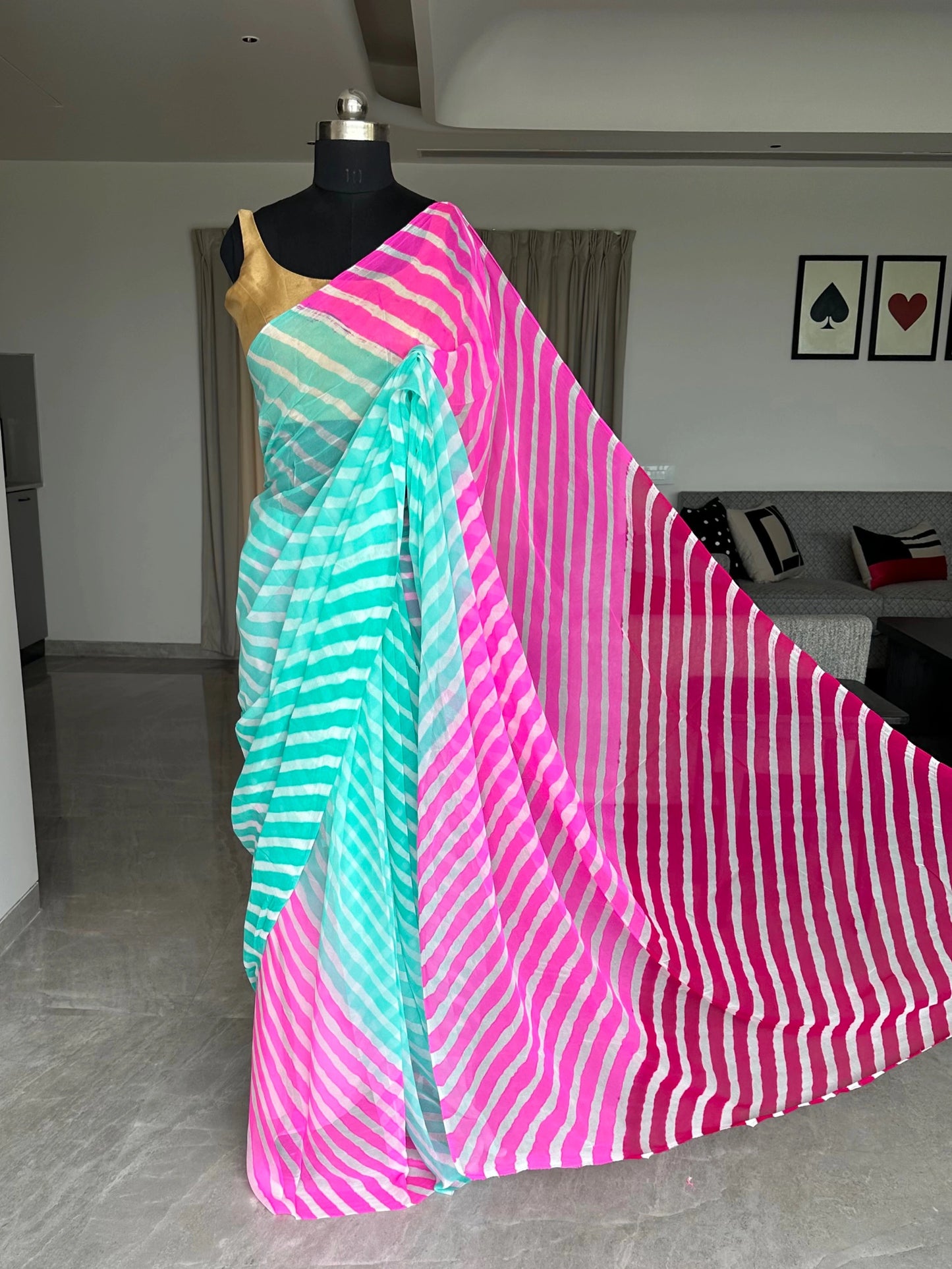 Sea Green-Pink-Rani Leheriya Pure Georgette Saree