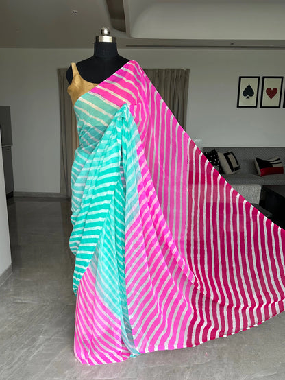 Sea Green-Pink-Rani Leheriya Pure Georgette Saree