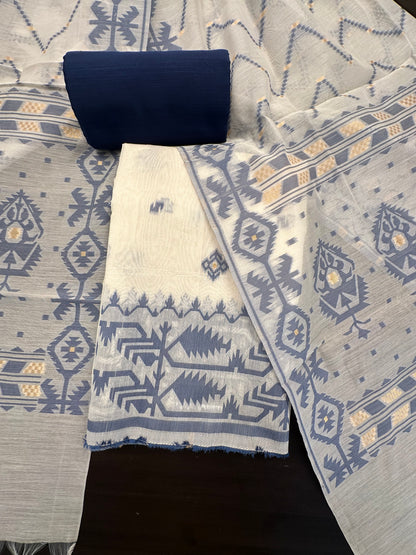 Off White-Blue Jacquard Unstitched Cotton Suit