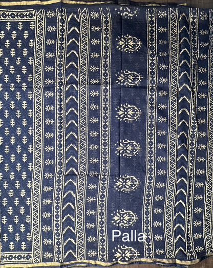 Indigo Blue Printed Cotton Blend Saree
