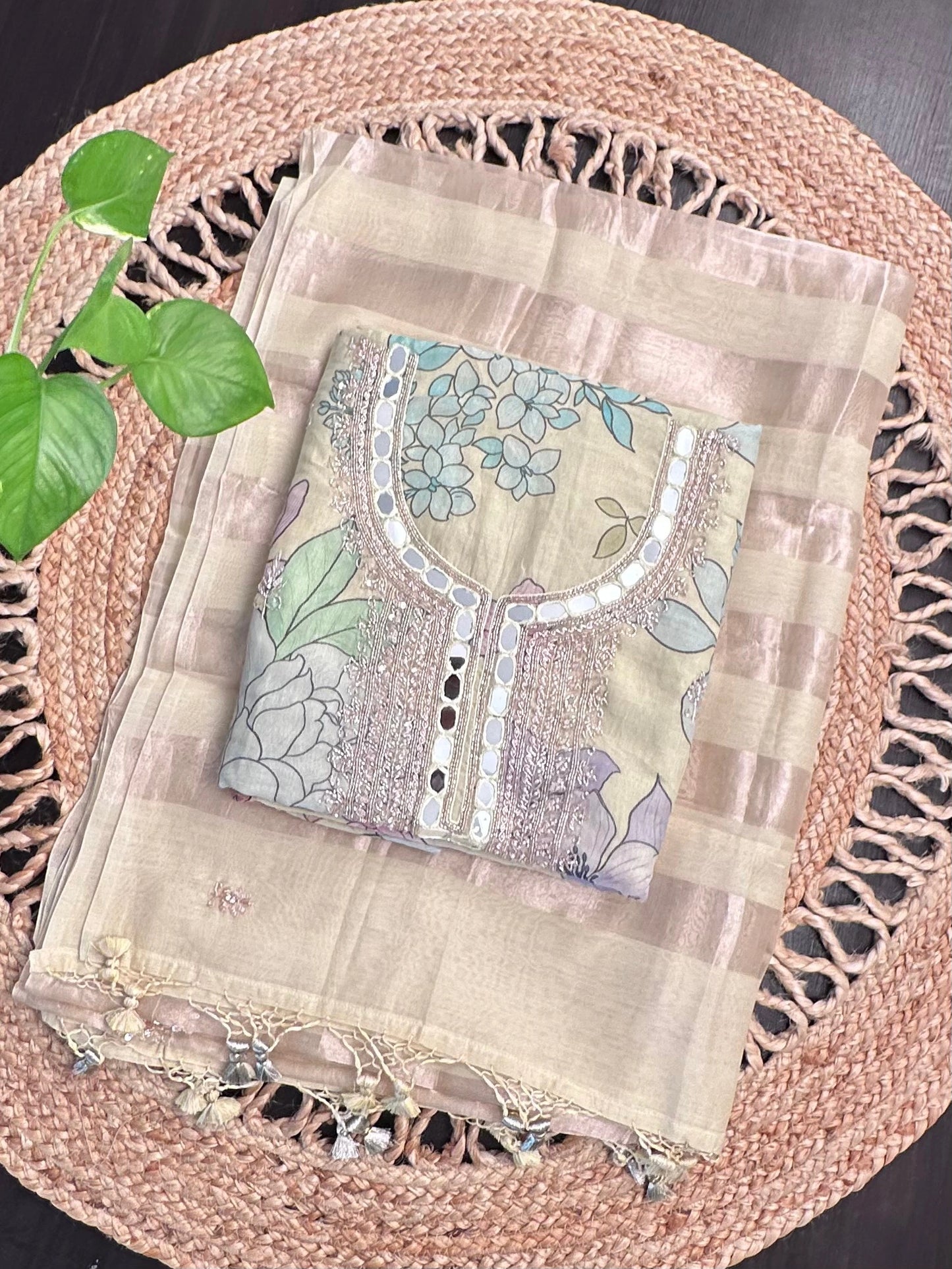 Pastel Yellow Fancy Tissue Unstitched 3-Piece Suit With Mirror Work
