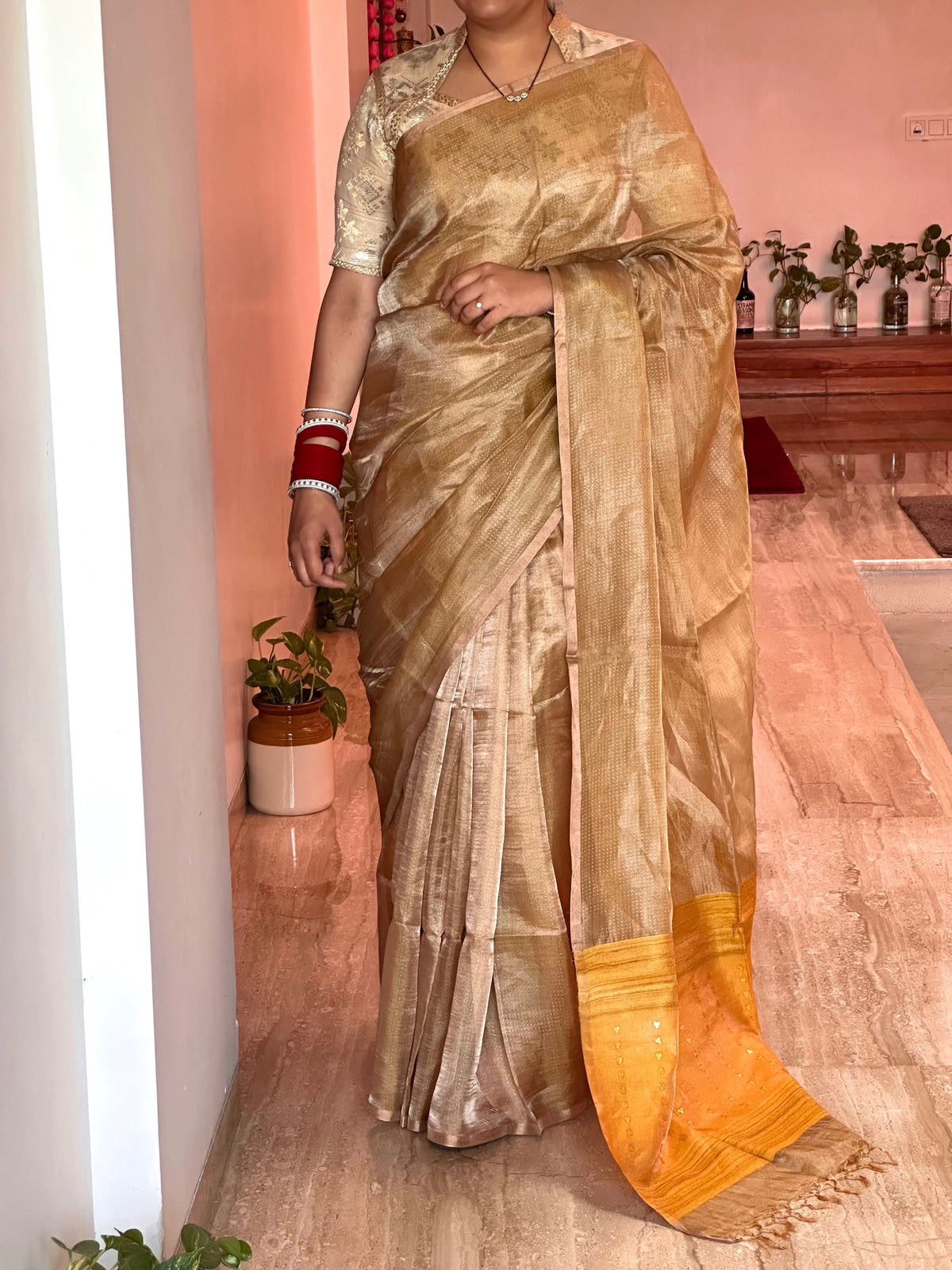 Mustard-Golden Emboss Tissue Silk Saree