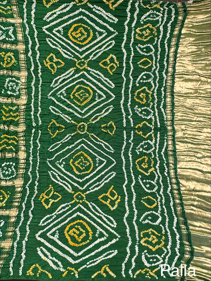 Bottle Green Gharchola Bandhej Gajji Silk Saree