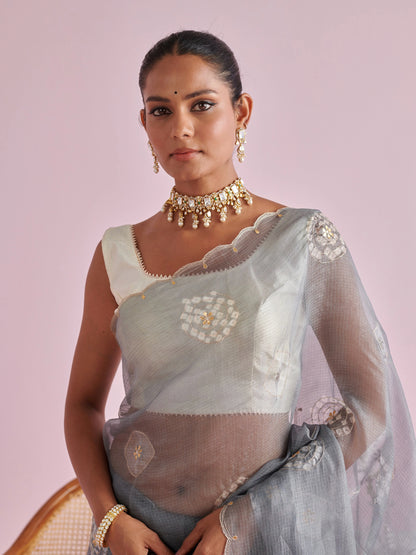 Kota Doria Pure Silk Saree with Aari Scallops