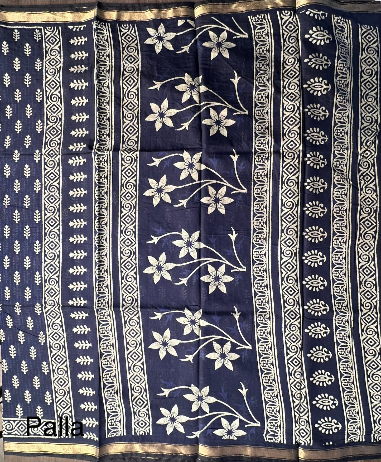 Indigo Blue Printed Cotton Blend Saree