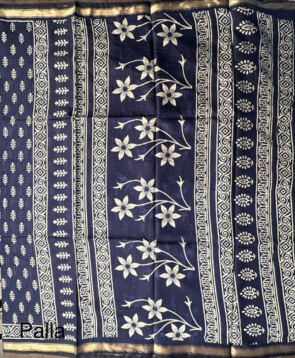Indigo Blue Printed Cotton Blend Saree