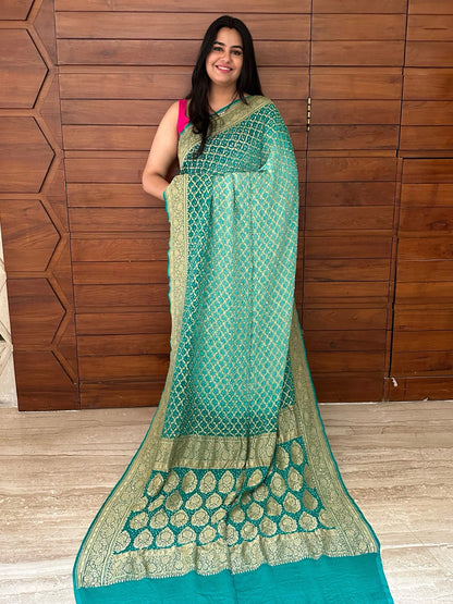 Sea Green Shaded Gharchola Bandhej Pure Khaddi Georgette Saree