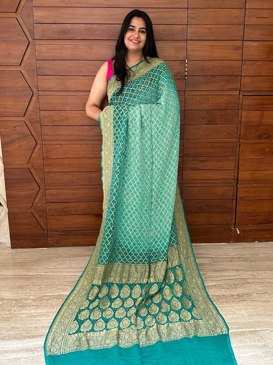 Sea Green Shaded Gharchola Bandhej Pure Khaddi Georgette Saree