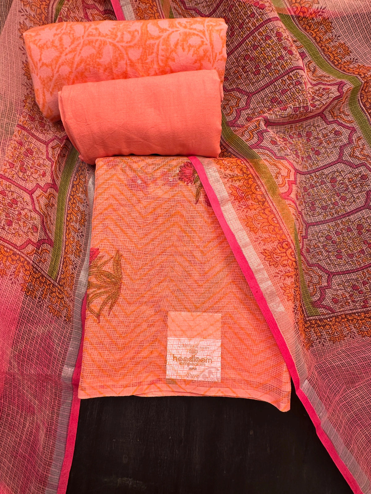 Peach 4-Piece Kota Doria Cotton Unstitched Suit