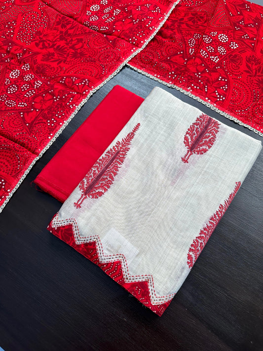 Beige-Red Block Printed Fancy Cotton Suit