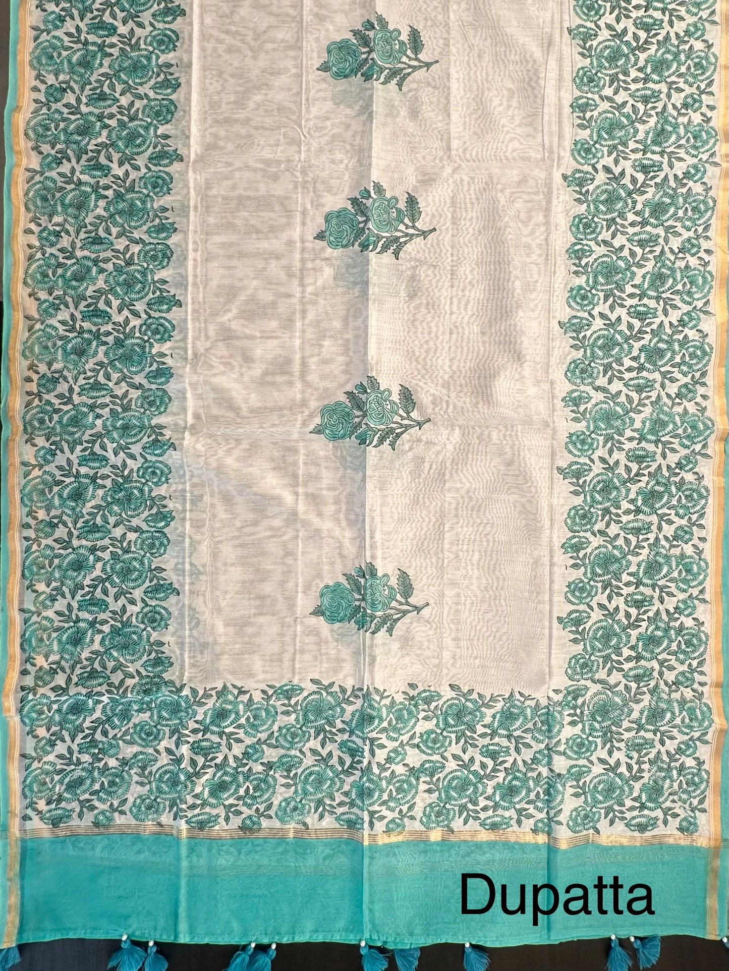 Off White-Sea Green Hand Block Printed Chanderi 3-Piece Unstitched Suit with Aari Work