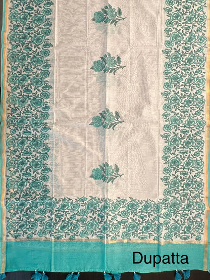 Off White-Sea Green Hand Block Printed Chanderi 3-Piece Unstitched Suit with Aari Work