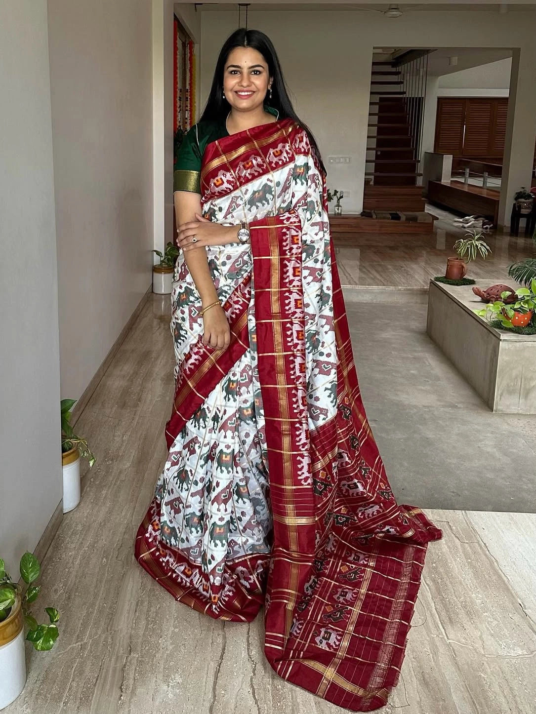 Off White-Maroon Patola Pure Silk Saree