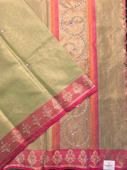 Parrot Green Hand Work Fancy Tissue Saree