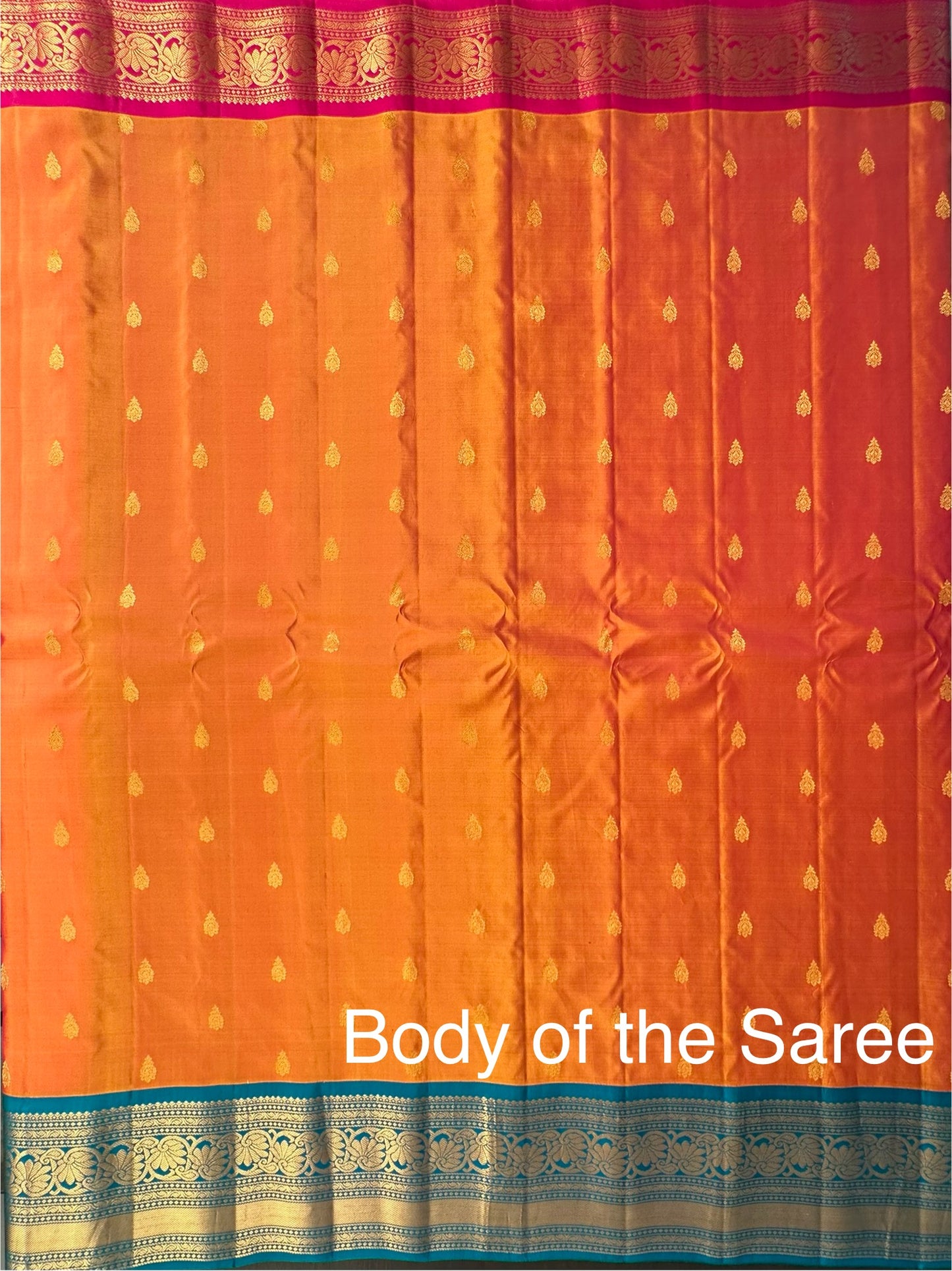 Orange-Rama Green Gadwal Pure Silk Saree