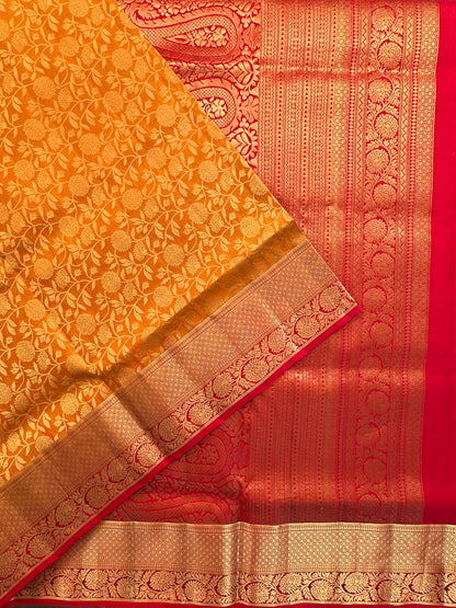 Mustard-Red Handloom Kanjivaram Jamawar Pure Silk Saree