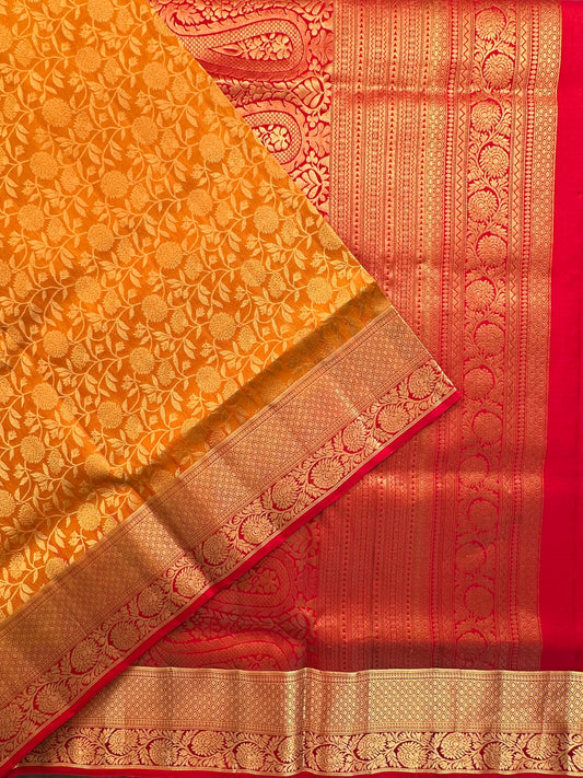 Mustard-Red Handloom Kanjivaram Jamawar Pure Silk Saree