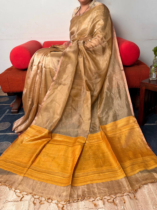 Mustard-Golden Emboss Tissue Silk Saree
