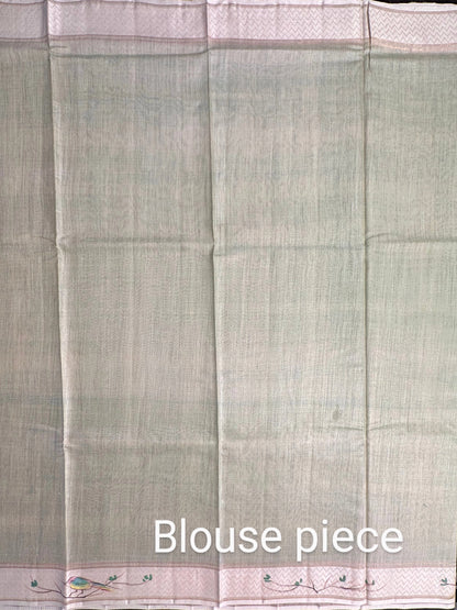 Pista Green Hand Print Muga Silk Saree