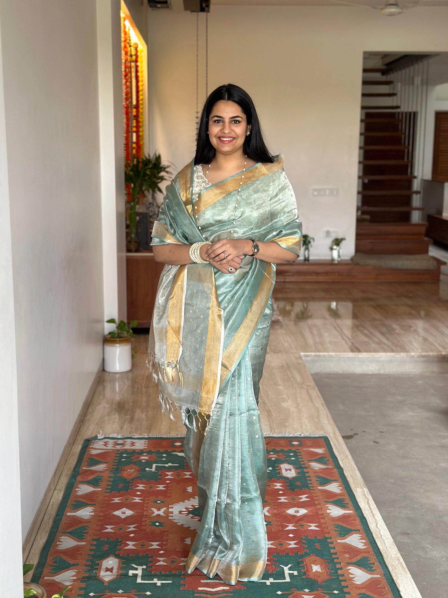 Sea Green -Silver Pure Tissue Silk Saree