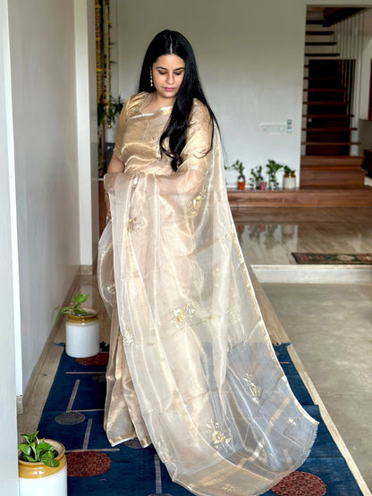 Light Gold Pittan Work Kota Doria Silk Saree