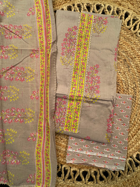 Light Gray Jaipuri Necktie Cotton 3-Piece Suit