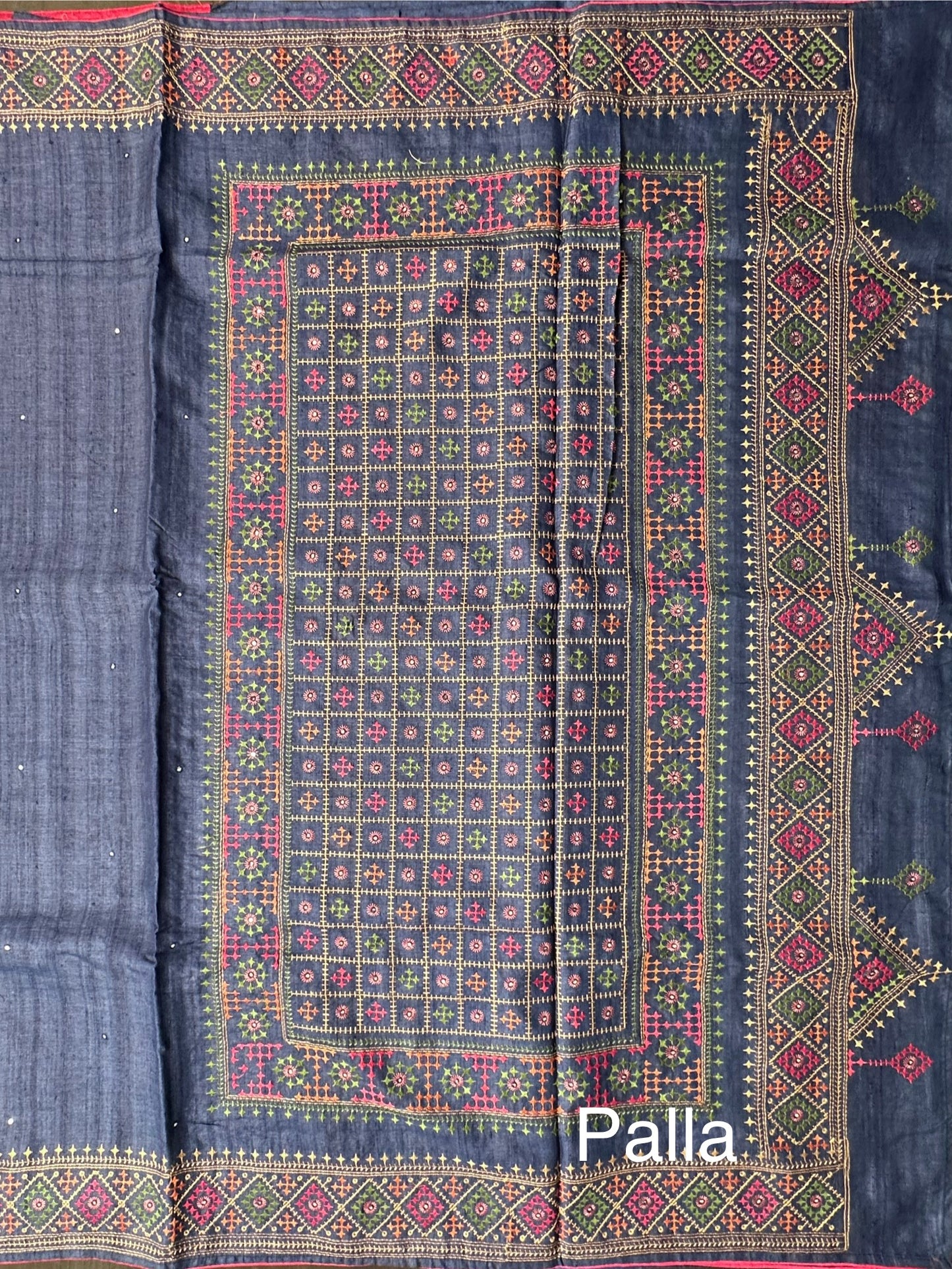 Navy Blue Pure Tussar Silk Saree With Embroidery