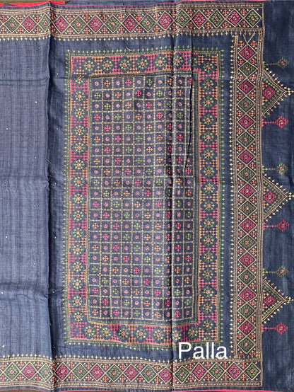 Navy Blue Pure Tussar Silk Saree With Embroidery