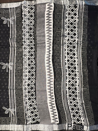 Black Printed Linen Saree