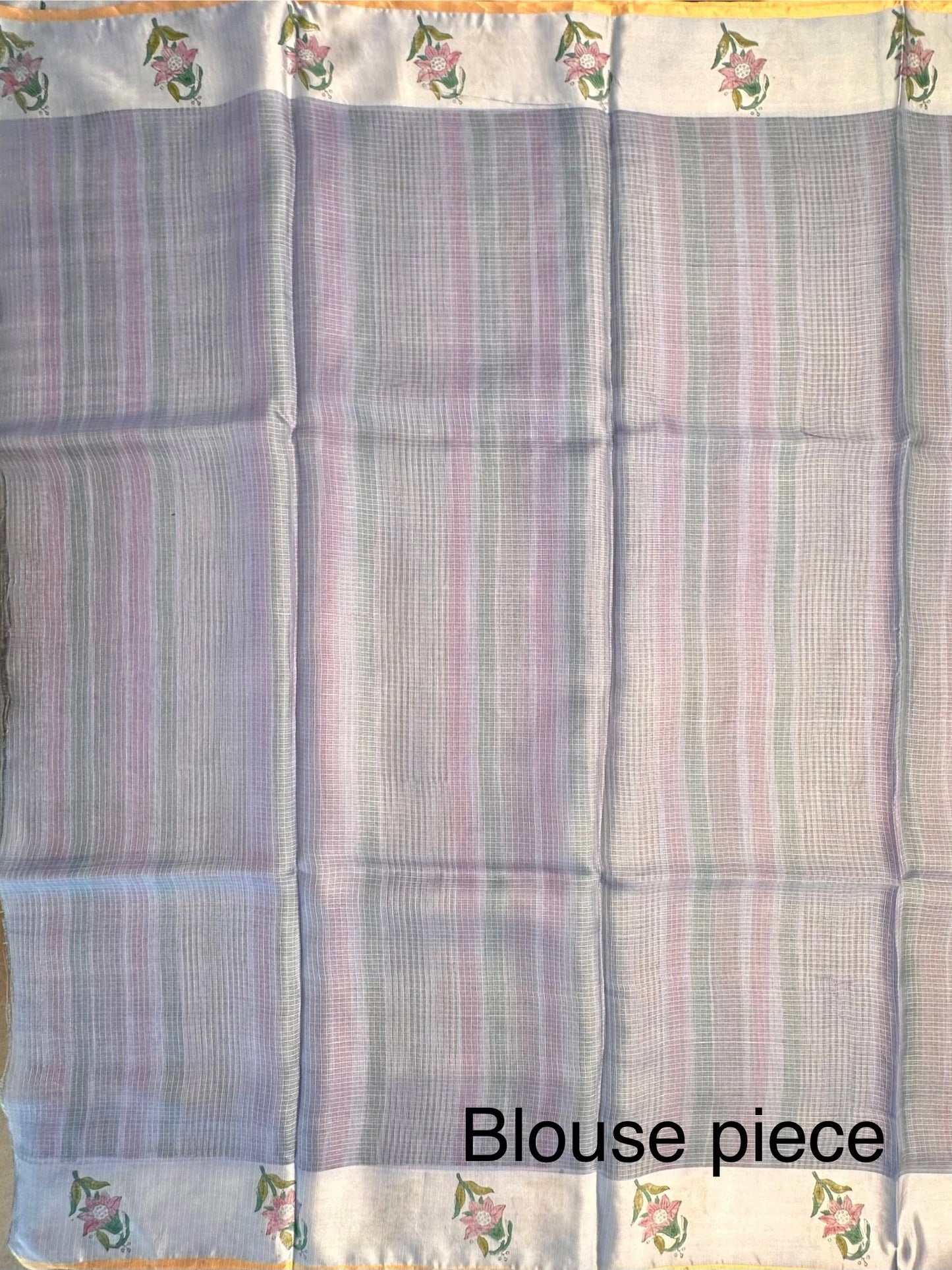 Blue-Multi Colour Hand Block-Print Pure Kota Doria Silk Saree