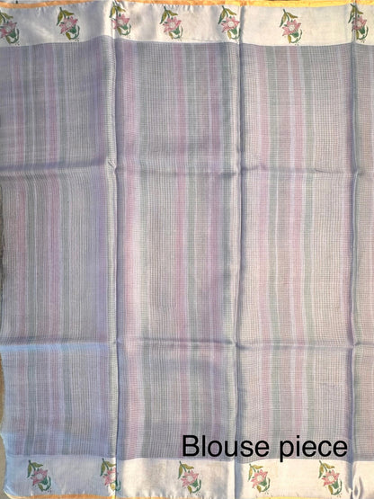 Blue-Multi Colour Hand Block-Print Pure Kota Doria Silk Saree
