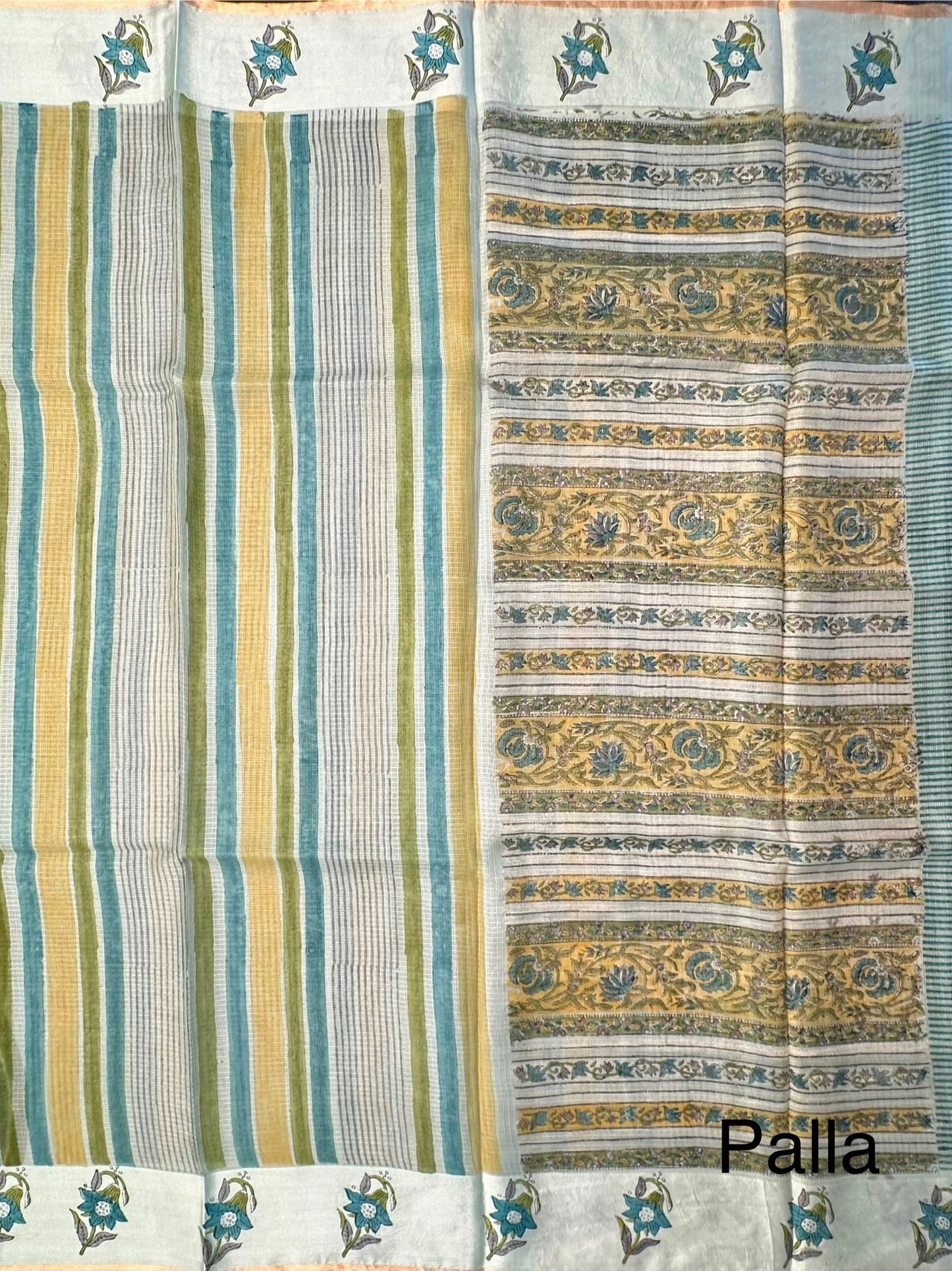 Sea Green-Multi Colour Hand Block-Print Pure Kota Doria Silk Saree